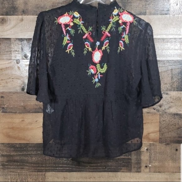 Zara] Black Embroidered Dotted Mesh Top XS - Picture 2 of 7